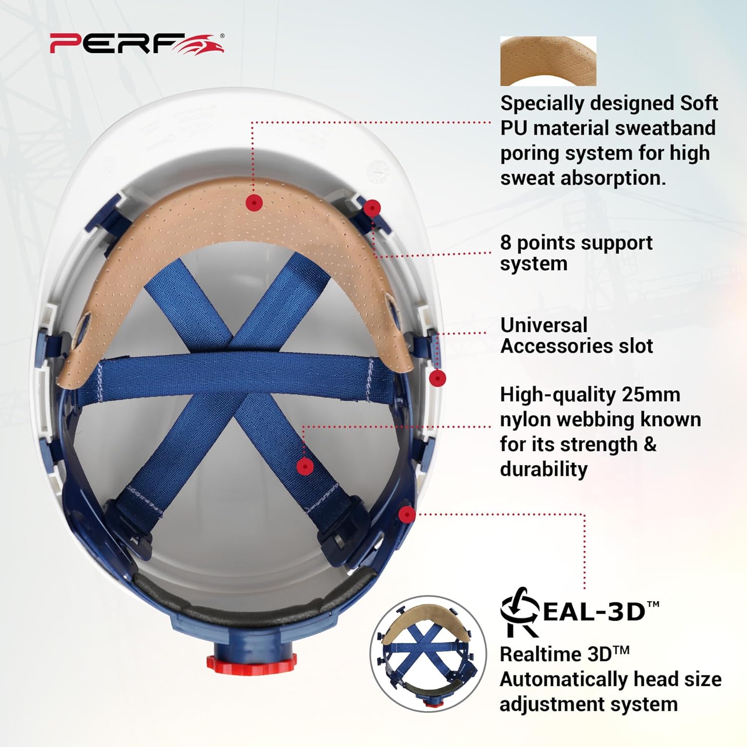 PERF Safety Helmet for Construction & Outdoor Work|Easy 3D Fitting System for Any Head Size|Lightweight|8-Point Support Easy Impact Absorption Sweatband|Orbit-R|White