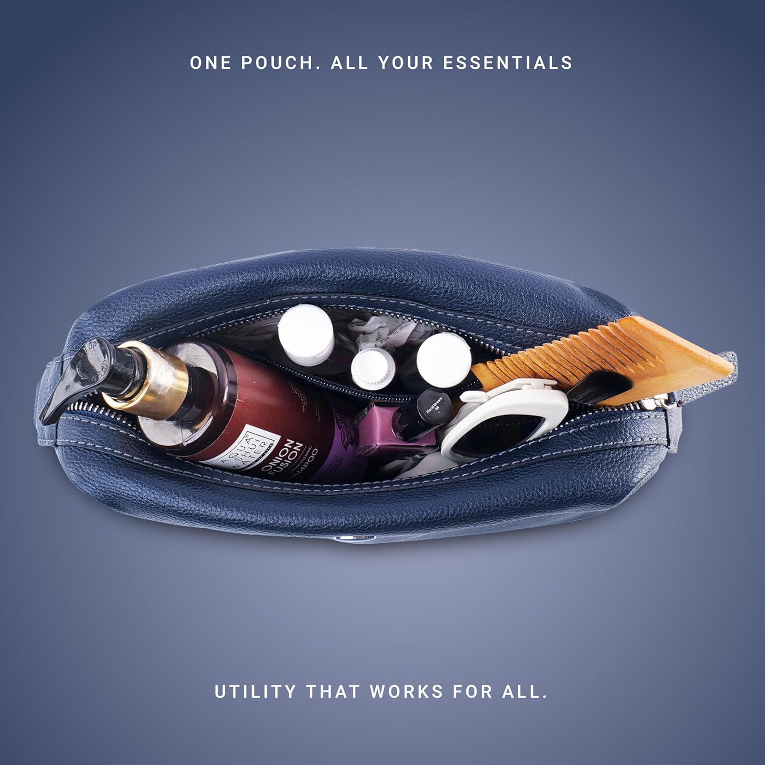 PERF Genuine Leather Travel Kit Bag | Unisex Toiletry Bag & Makeup Organizer | Multipurpose |Coated Nylon + Punch Leather Pouch for Men & Women with Adjustable Side Loops (Navy)
