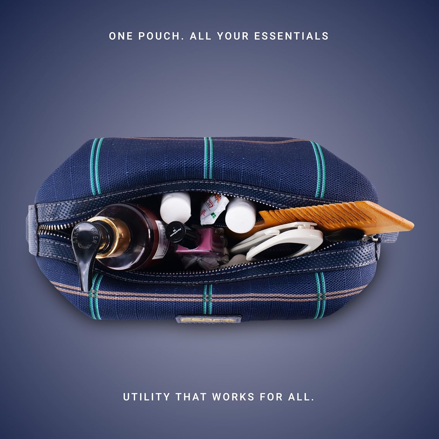 PERF Genuine Leather Travel Kit Bag | Unisex Toiletry Bag | Cosmetics Pouch for Women | Coated Nylon Punch Leather Pouch for Men & Women with Adjustable Side Loops & Grab Handle (CHK Navy/Navy Punch)