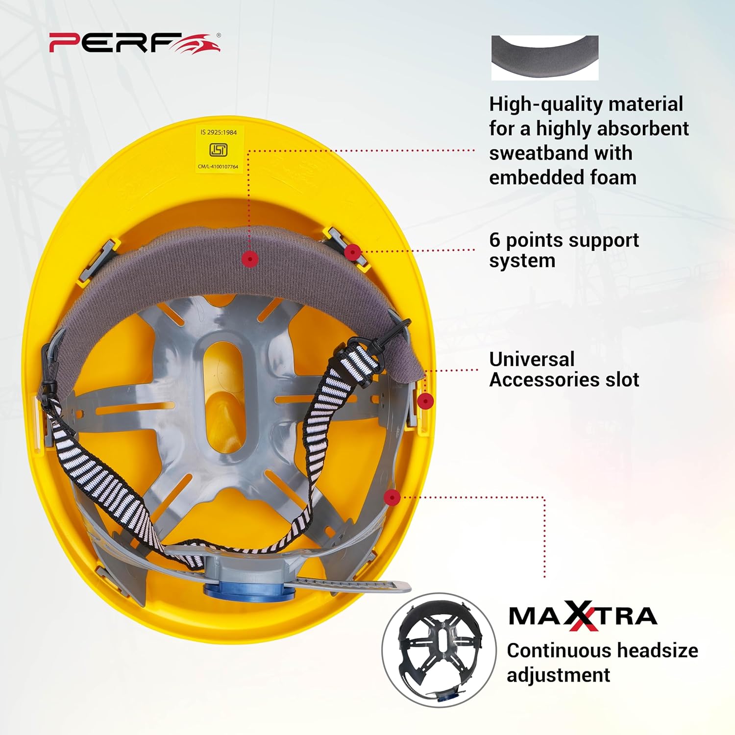 PERF Safety Helmet for Construction & Outdoor Work|Easy 3D Fitting System for Any Head Size|Lightweight|4-Point Support Easy Impact Absorption Sweatband|Maxxtra|Yellow