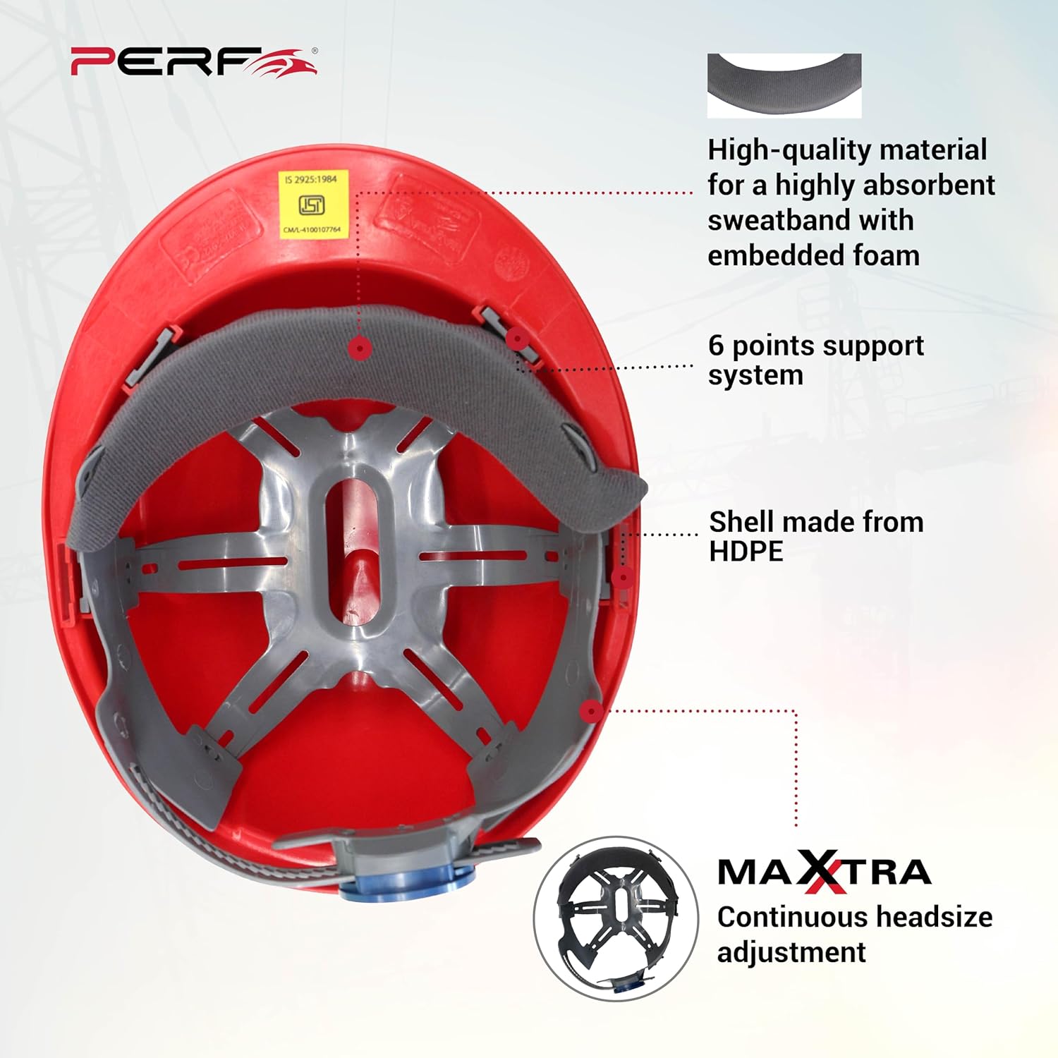 PERF Safety Helmet for Construction & Outdoor Work|Easy 3D Fitting System for Any Head Size|Lightweight|4-Point Support, Easy Impact Absorption Sweatband|Maxxtra|Red