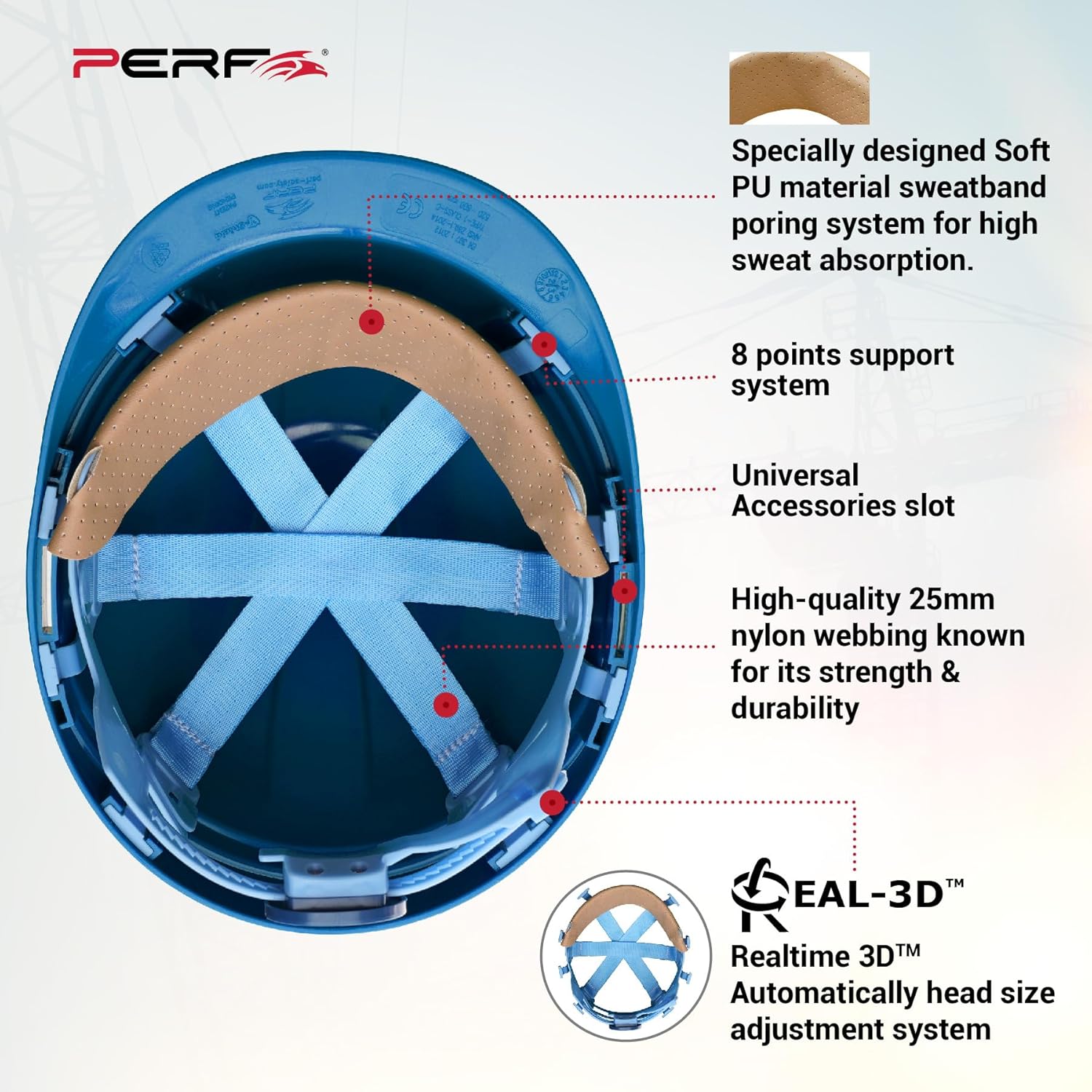 PERF Safety Helmet for Construction & Outdoor Work|Easy 3D Fitting System for Any Head Size|Lightweight|8-Point Support Easy Impact Absorption Sweatband|XPrssPNV(Blue)