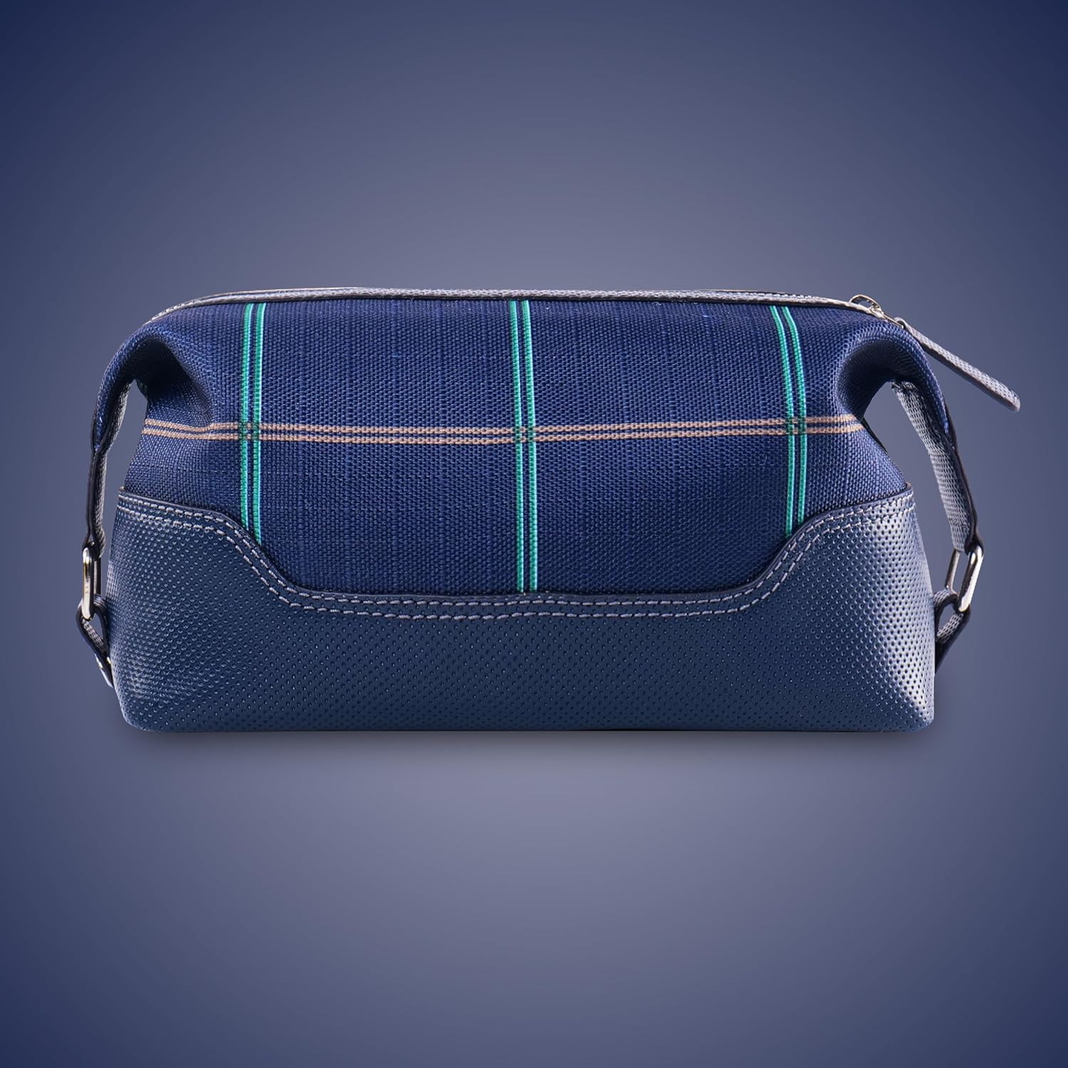 PERF Genuine Leather Travel Kit Bag | Unisex Toiletry Bag | Cosmetics Pouch for Women | Coated Nylon Punch Leather Pouch for Men & Women with Adjustable Side Loops & Grab Handle (CHK Navy/Navy Punch)