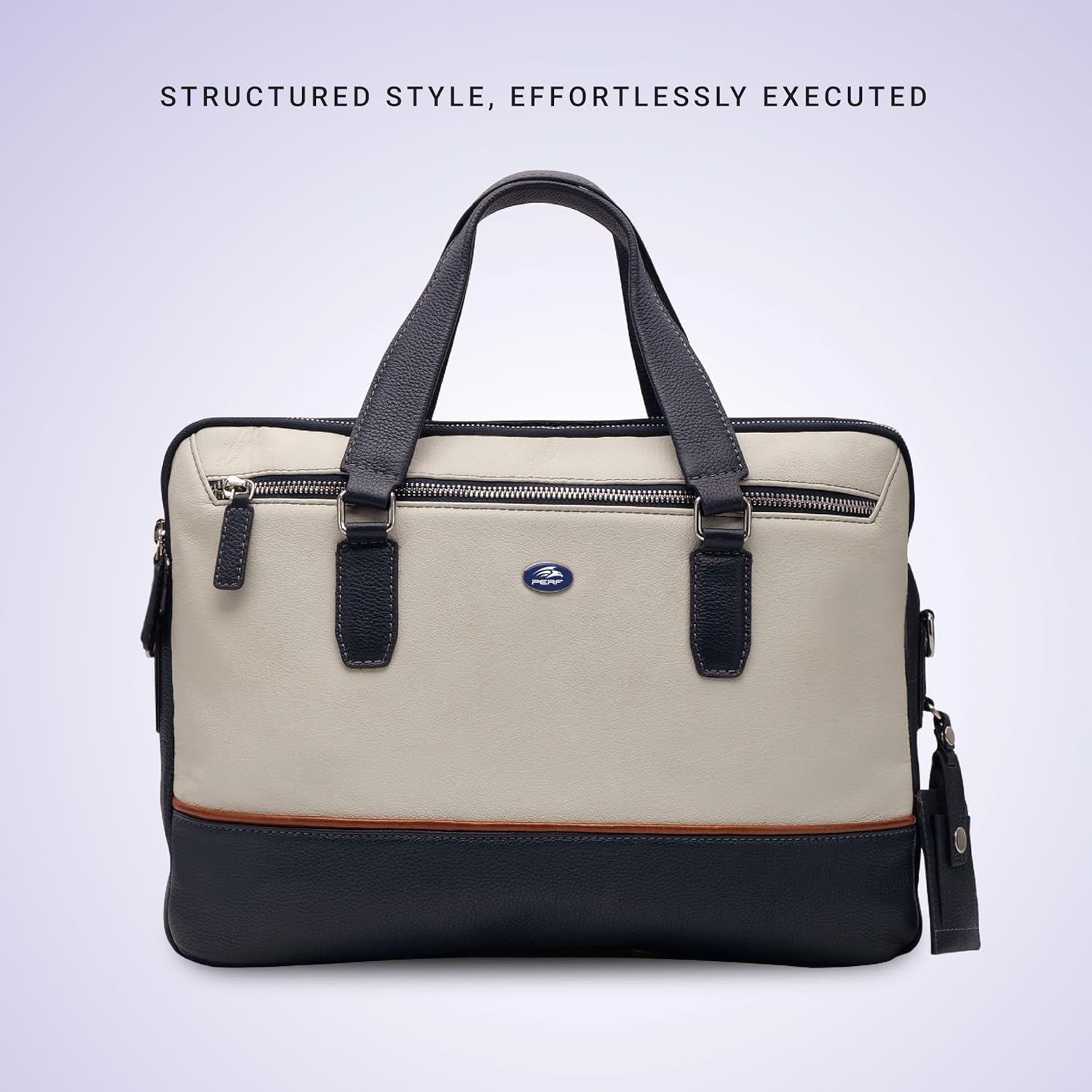 PERF Double Zip Briefcase Bag | Unisex Genuine Leather Office Laptop Bag | Sleek Business Handbag with Dual Compartments