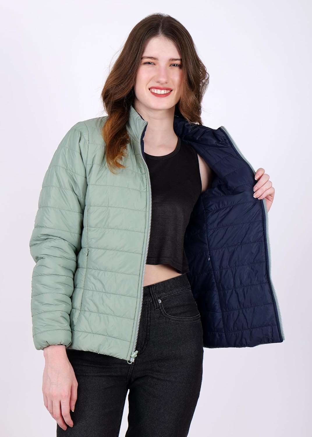 PERF Women’s Reversible Jacket – Lightweight, 20-D Nylon, Dual Color Design with Zippered Side Pockets – Pista Green & Navy Blue