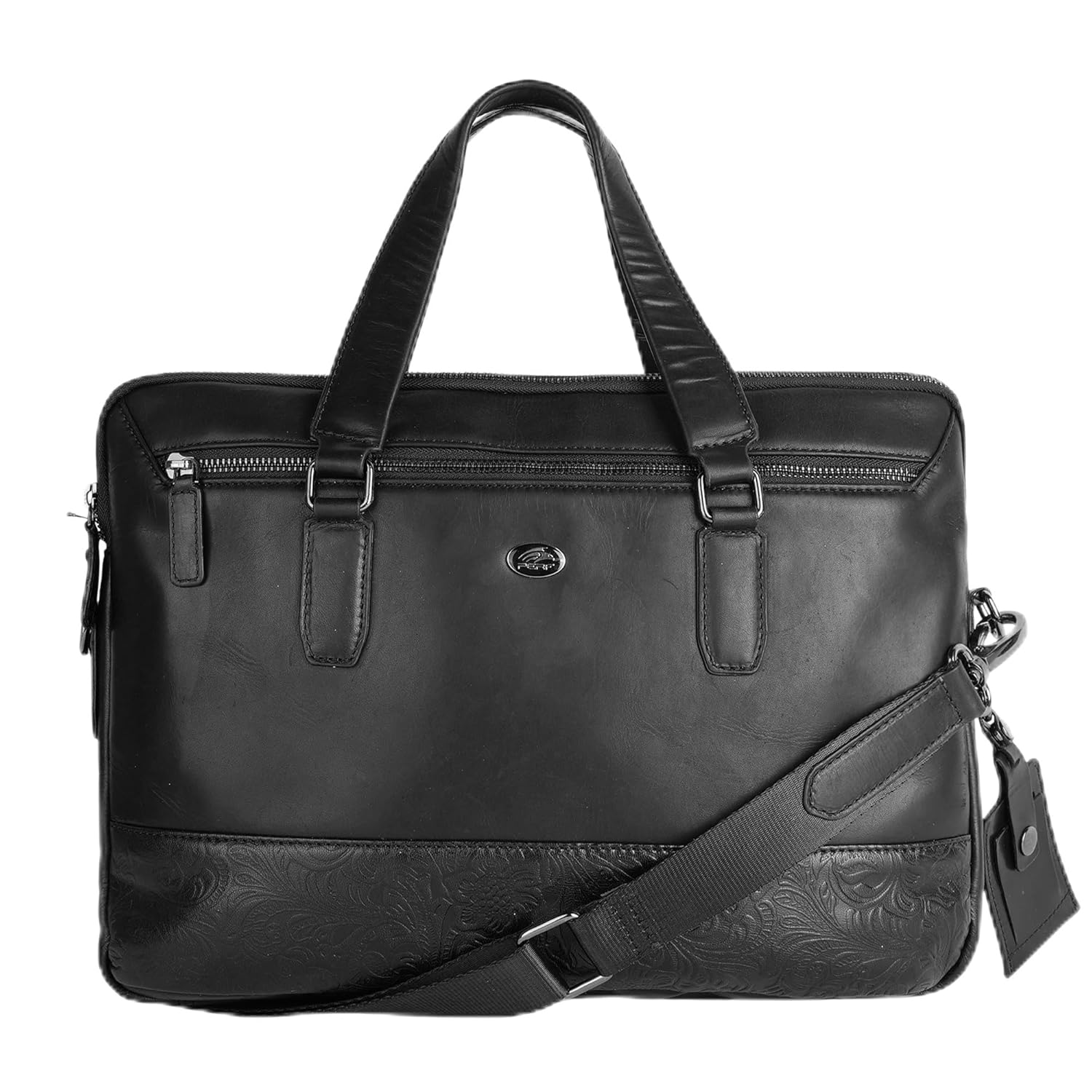PERF Double Zip Briefcase Bag | Unisex Genuine Leather Office Laptop Bag | Sleek Business Handbag with Dual Compartments