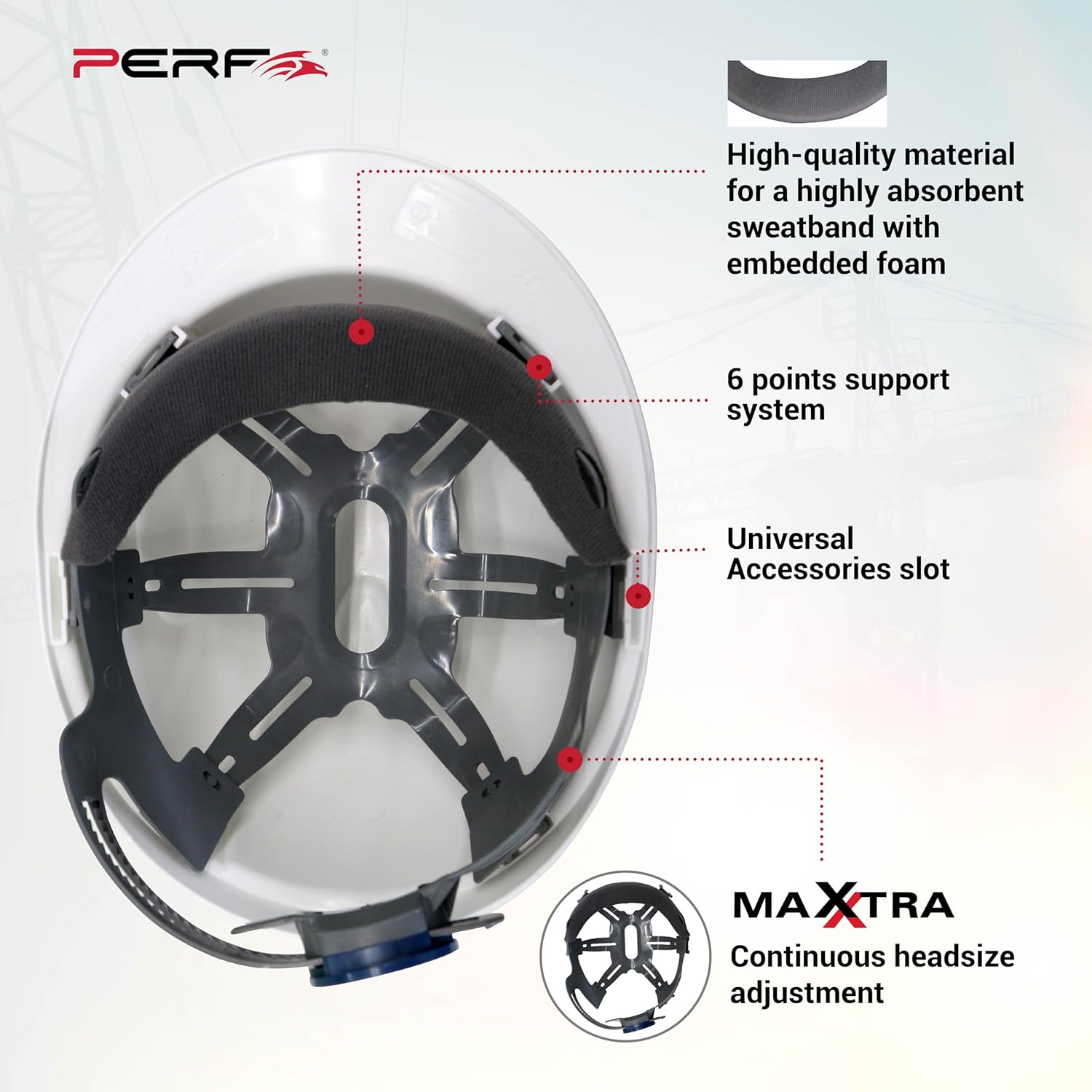 PERF Safety Helmet for Construction & Outdoor Work|Easy 3D Fitting System for Any Head Size|Lightweight|4-Point Support, Easy Impact Absorption Sweatband|Maxxtra|White