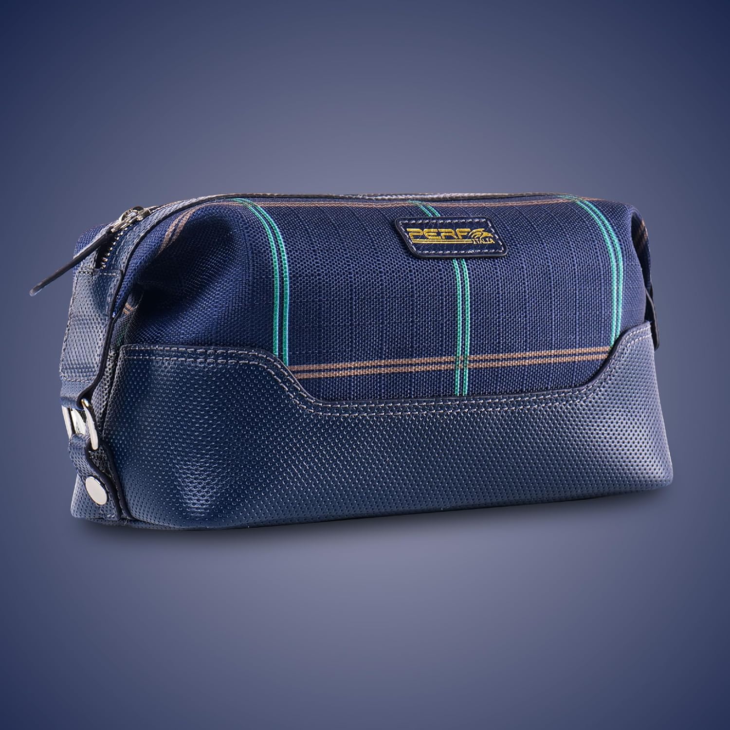 PERF Genuine Leather Travel Kit Bag | Unisex Toiletry Bag | Cosmetics Pouch for Women | Coated Nylon Punch Leather Pouch for Men & Women with Adjustable Side Loops & Grab Handle (CHK Navy/Navy Punch)