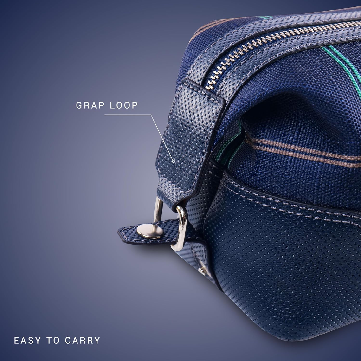 PERF Genuine Leather Travel Kit Bag | Unisex Toiletry Bag | Cosmetics Pouch for Women | Coated Nylon Punch Leather Pouch for Men & Women with Adjustable Side Loops & Grab Handle (CHK Navy/Navy Punch)