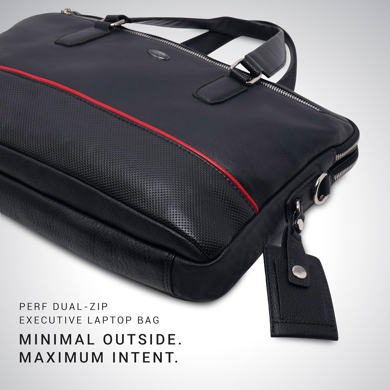 PERF Double Zip Briefcase Bag | Unisex Genuine Leather Office Laptop Bag | Sleek Business Handbag with Dual Compartments