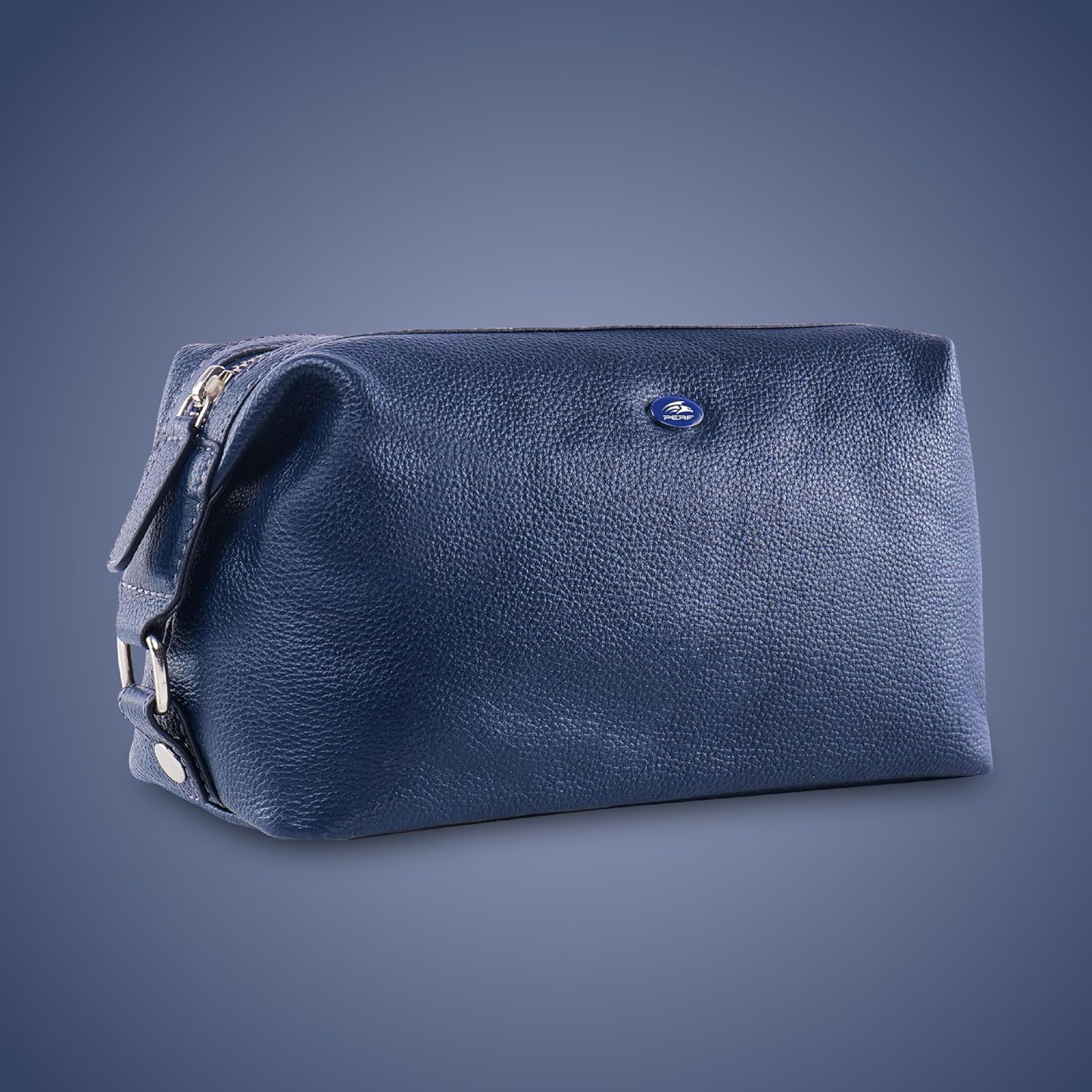 PERF Genuine Leather Travel Kit Bag | Unisex Toiletry Bag & Makeup Organizer | Multipurpose |Coated Nylon + Punch Leather Pouch for Men & Women with Adjustable Side Loops (Navy)