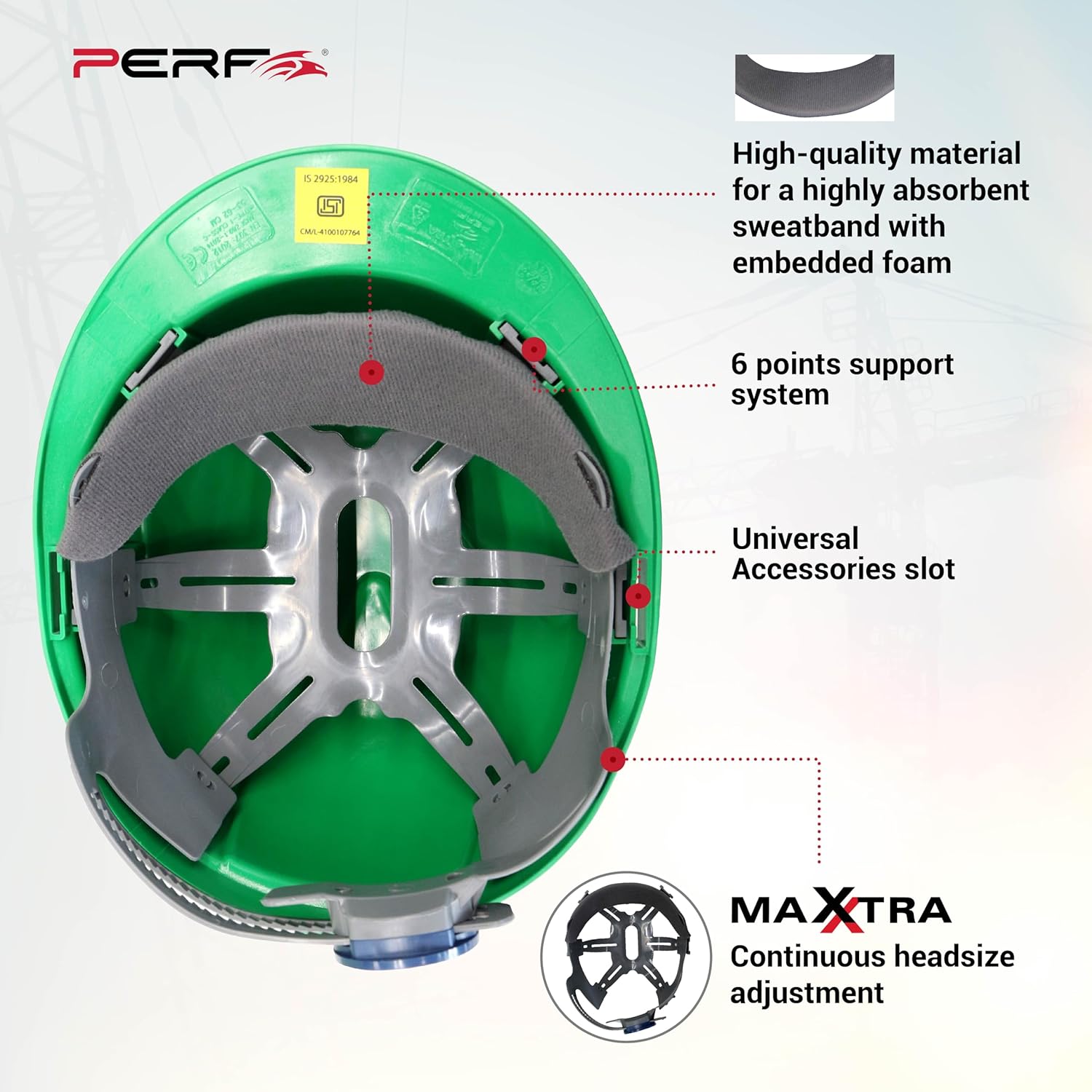 PERF Safety Helmet for Construction & Outdoor Work|Easy 3D Fitting System for Any Head Size|Lightweight|4-Point Support, Easy Impact Absorption Sweatband|Maxxtra|Green