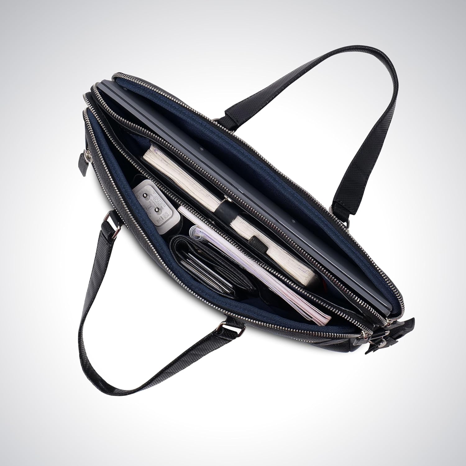 PERF Double Zip Briefcase Bag | Unisex Genuine Leather Office Laptop Bag | Sleek Business Handbag with Dual Compartments