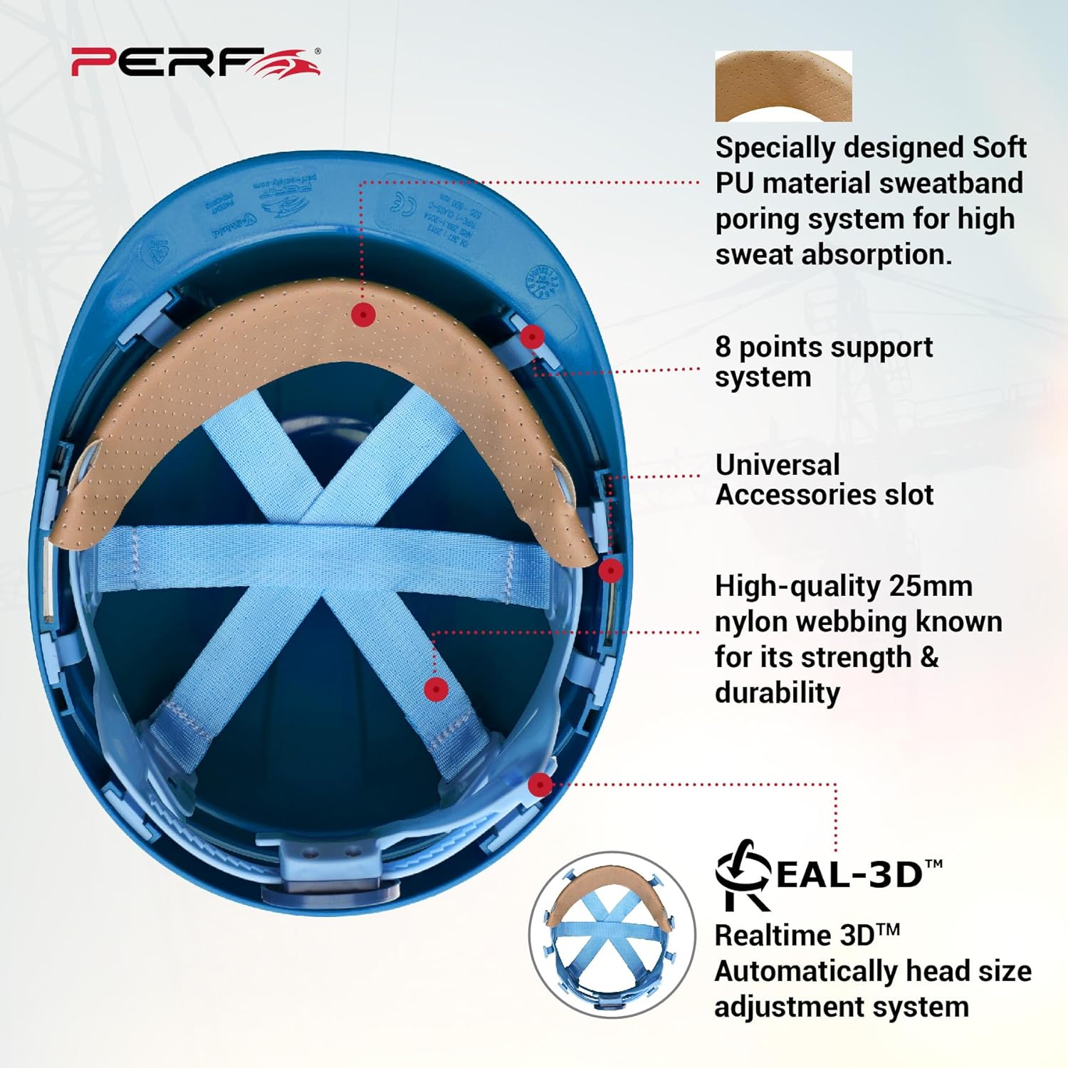 PERF Safety Helmet for Construction & Outdoor Work|Easy 3D Fitting System for Any Head Size|Lightweight|8-Point Support Easy Impact Absorption Sweatband|X Prss-P|Blue