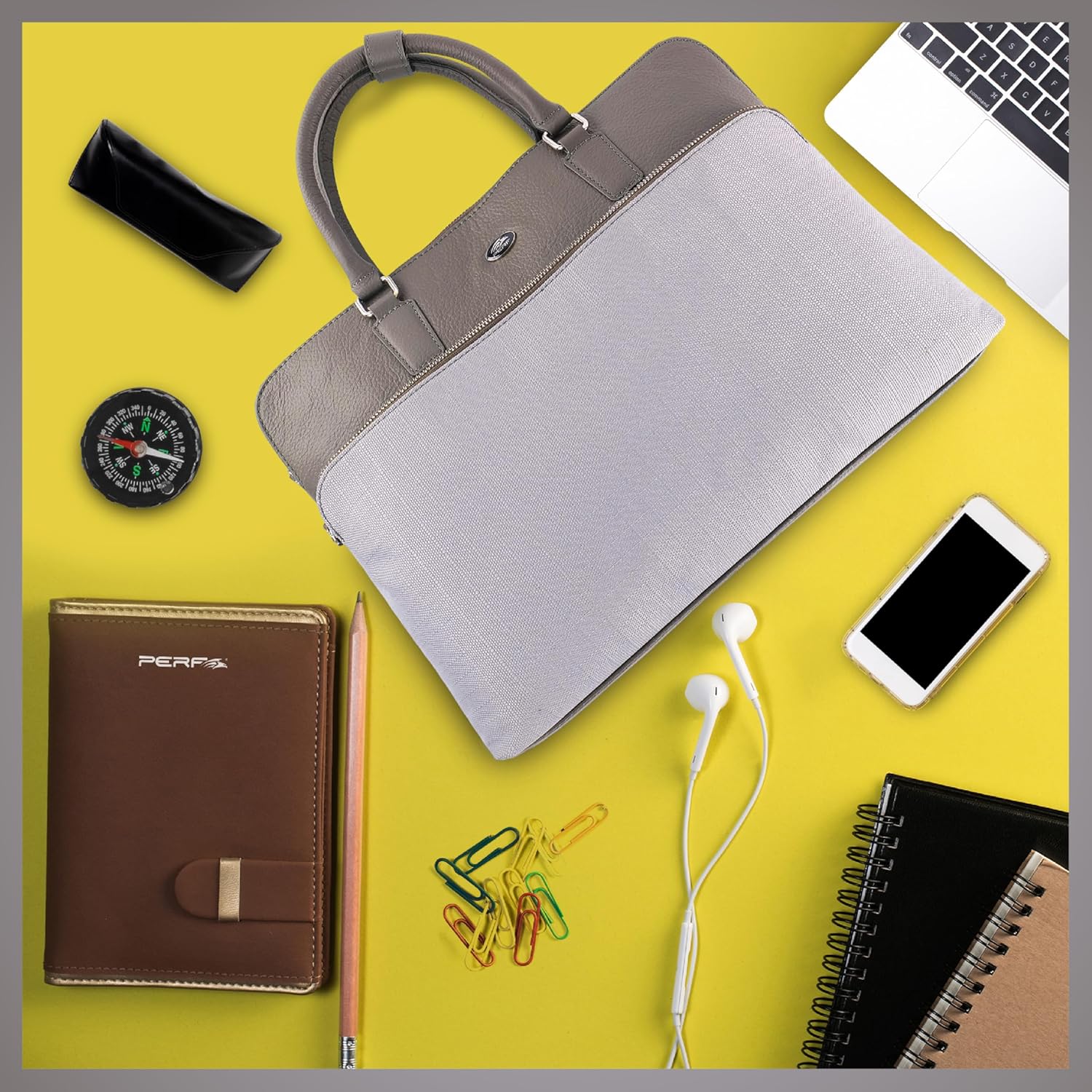 PERF Slim Briefcase Messenger Genuine Leather Bag for Men and Women | Laptop Leather Bag for Office & Travel | Lightweight Coated Nylon & Punch Leather Work Bag | Fits 14” Laptop