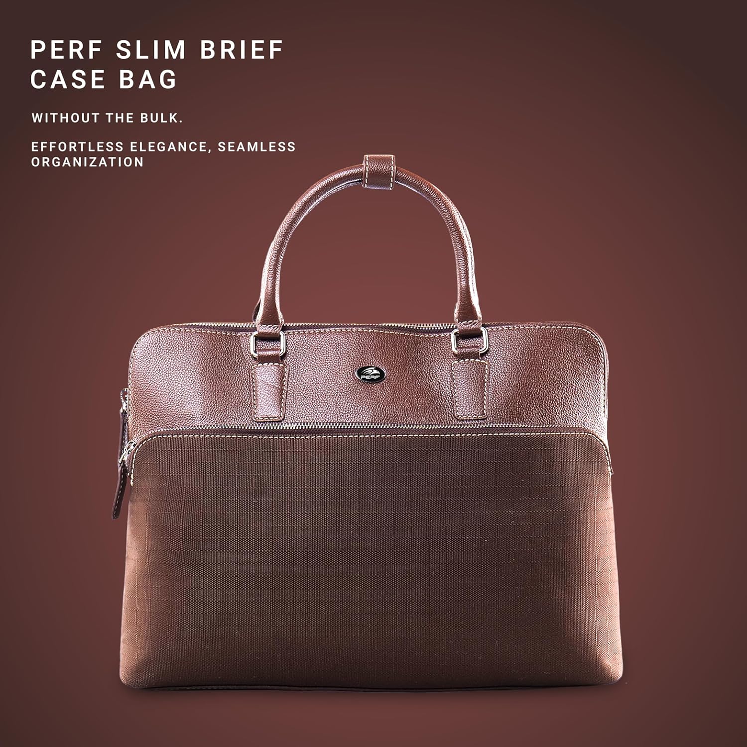PERF Slim Briefcase Messenger Genuine Leather Bag for Men and Women | Laptop Leather Bag for Office & Travel | Lightweight Coated Nylon & Punch Leather Work Bag | Fits 14” Laptop