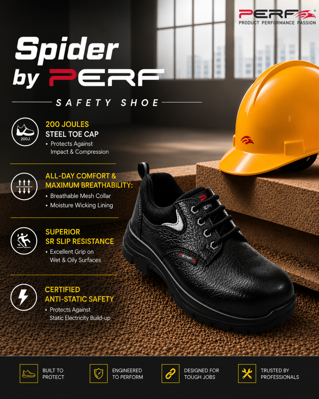PERF Spider S1 Safety Shoes for Men | Buff Tango Leather | 200J Steel Toe Cap | Oil & Acid Resistant PU Sole | SR Slip-Resistant |