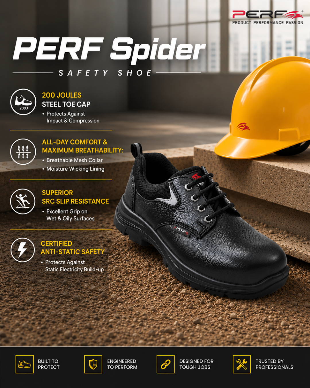 PERF Spider S1 Safety Shoes for Men | Buff Tango Leather | 200J Steel Toe Cap | Oil & Acid Resistant PU Sole | SR Slip-Resistant |
