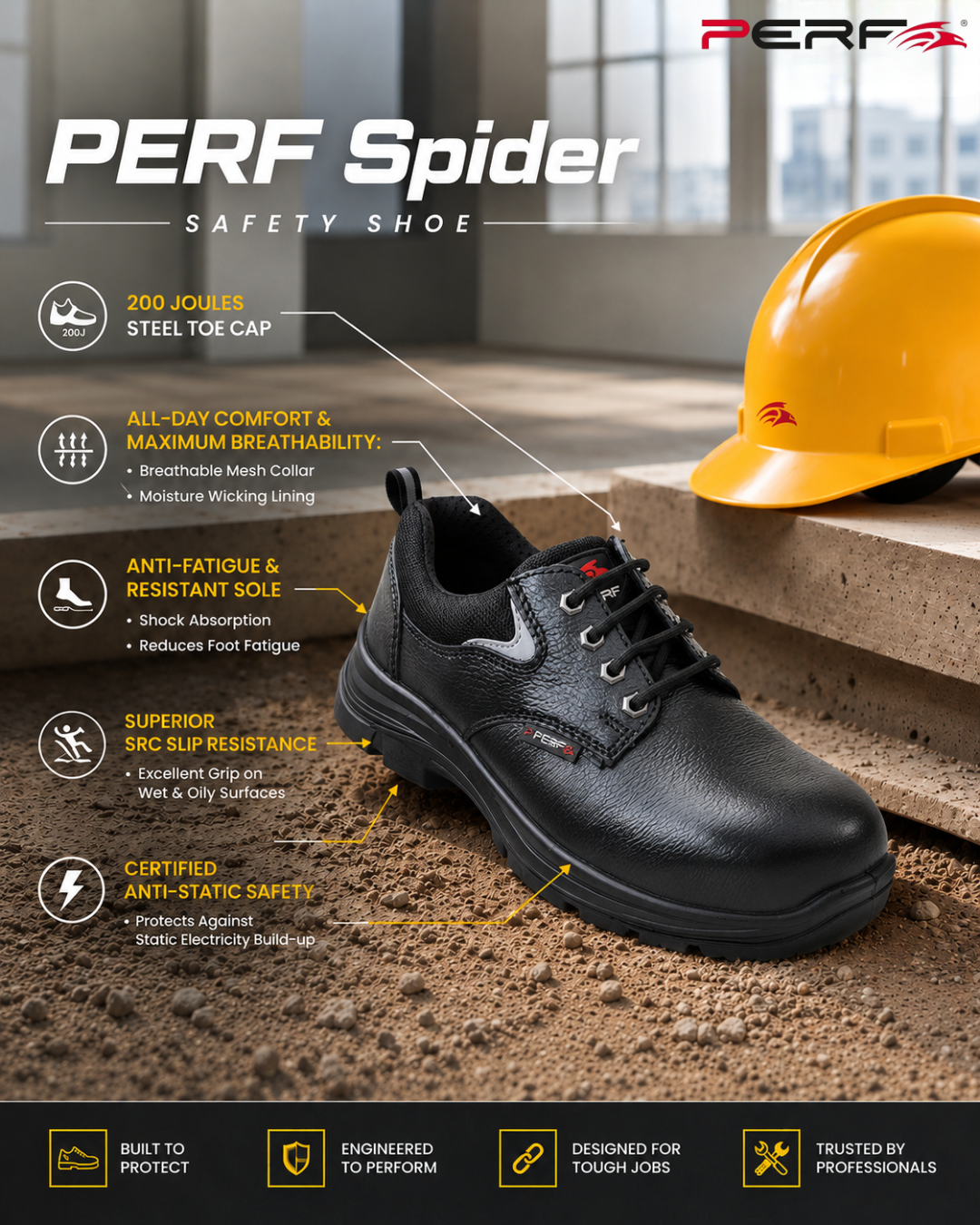 PERF Spider S1 Safety Shoes for Men | Buff Tango Leather | 200J Steel Toe Cap | Anti-Perforation Midsole | Oil & Acid Resistant PU Sole | is 15298:2016 Certified | SRC Slip-Resistant |