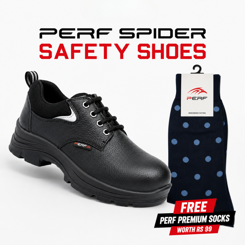 PERF Spider S1 Safety Shoes for Men | Buff Tango Leather | 200J Steel Toe Cap | Oil & Acid Resistant PU Sole | SR Slip-Resistant |